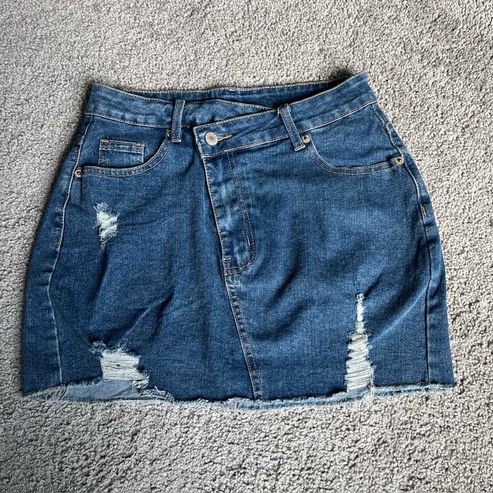 Distressed Raw Hem Jean Mini Skirt Size S